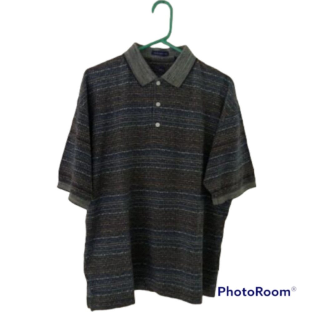 Alan Flusser Men's Polo Golf Shirt Multicolor Striped 100% Cotton Size Med